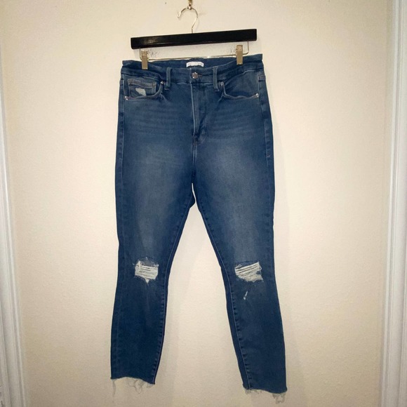 GOOD AMERICAN Good Waist Crop Raw Edge Skinny Jeans In Blue533 Size 12/31 - Picture 1 of 4